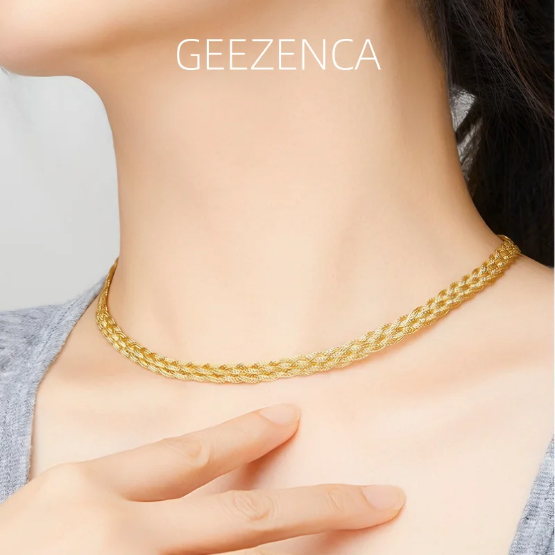 GEEZENCA Italian Jewel 925 Silver Gold Plated Flat Braided Mesh Chain Necklace Women 5-Strand Woven Dainty Choker Necklaces Gift