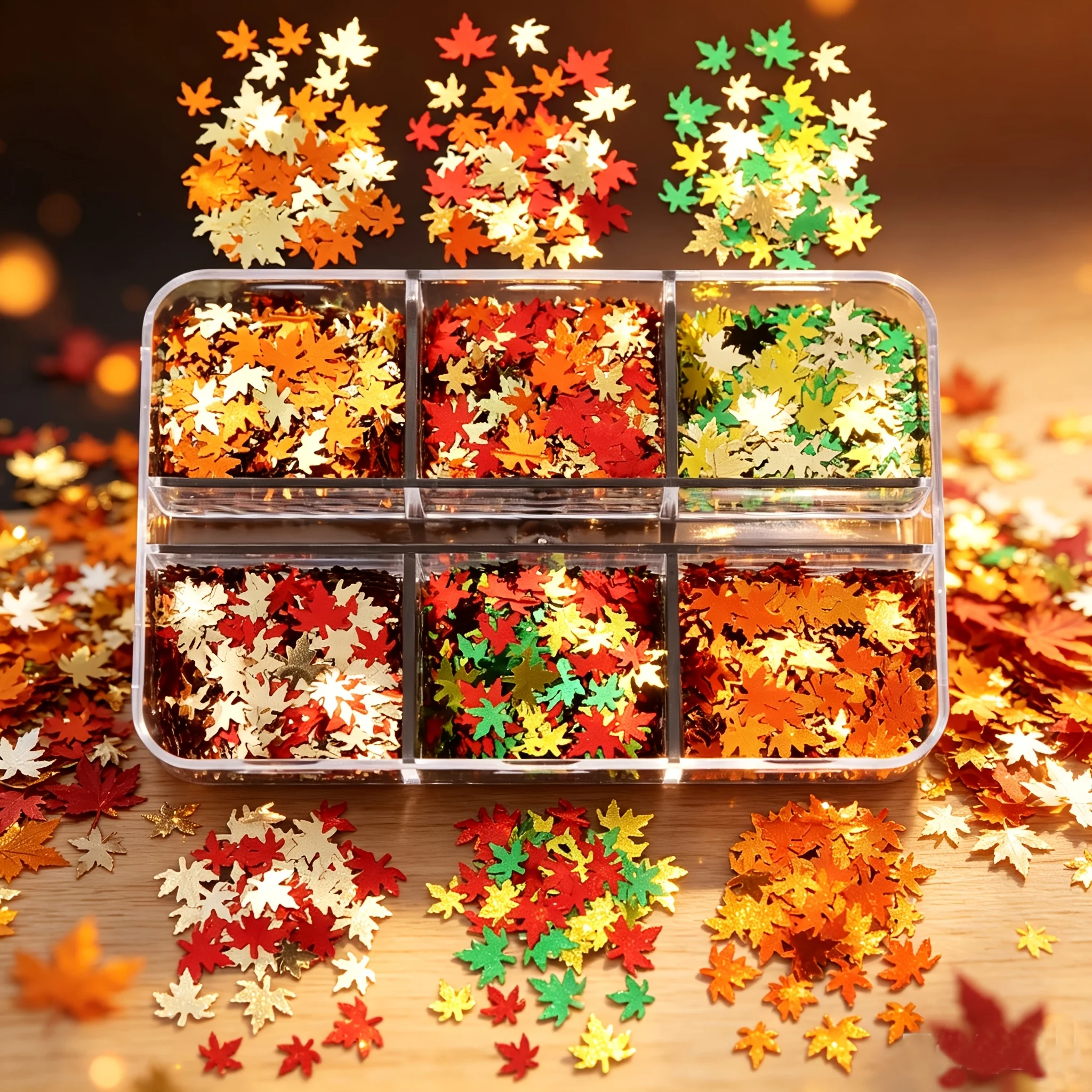 Holographic Maple Leaf Nail Sequins, Autumn Leaf Flakes Red Yellow‑Green, Resin DIY Nail Charms for Holiday Manicure Decor