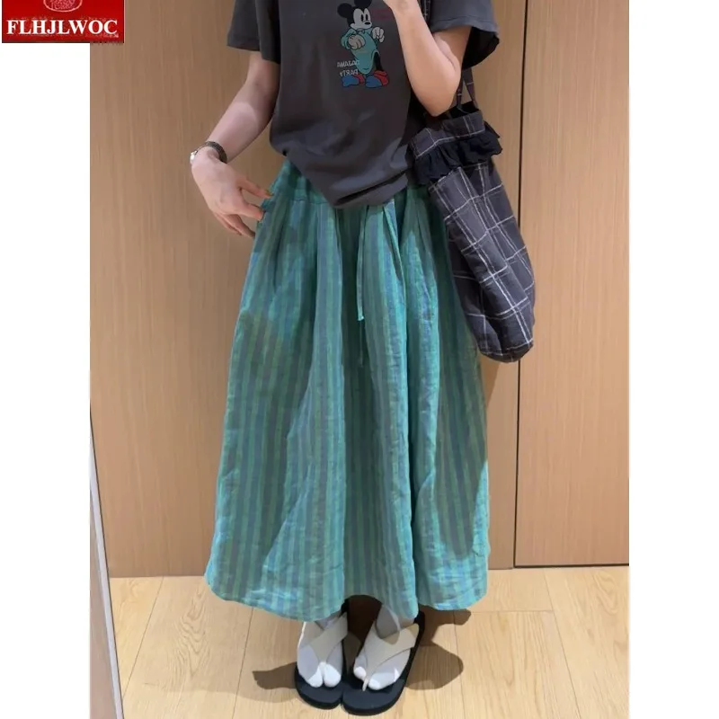 FLHJLWOC Women's Korean Linen Striped Maxi Skirt Autumn Japanese Style Girls Green Retro Relaxed High Waist A Line Long Skirt