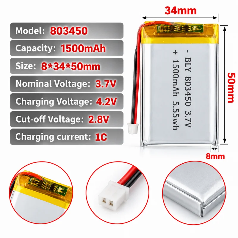Polymer Battery 803450 1500mAh 3.7V Rechargeable Polymer Lithium Ion Battery Cell for Power Bank and GPS Device Applications