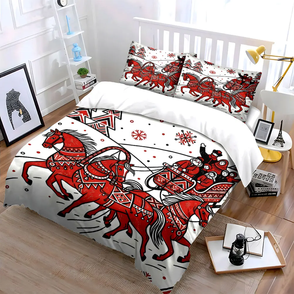 Red sleigh with three galloping horses Printed Duvet Cover Set 1 Duvet Cover+2 Pillowcase Multi Size Bedroom Bedding Decor