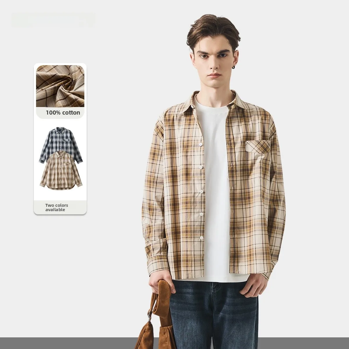 

Men's High-Stitch Pure Cotton Plaid Shirt Long Sleeve Thin Loose Casual Style Street Fashion Spring Collection Open Cardigan