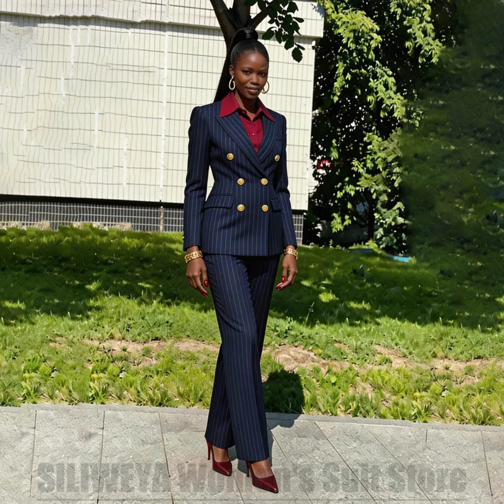 

Women's Navy Striped 2 Piece Suit Slim Double Breasted Formal Business Office Wear Tailored Wedding Party Prom Lady Outfit