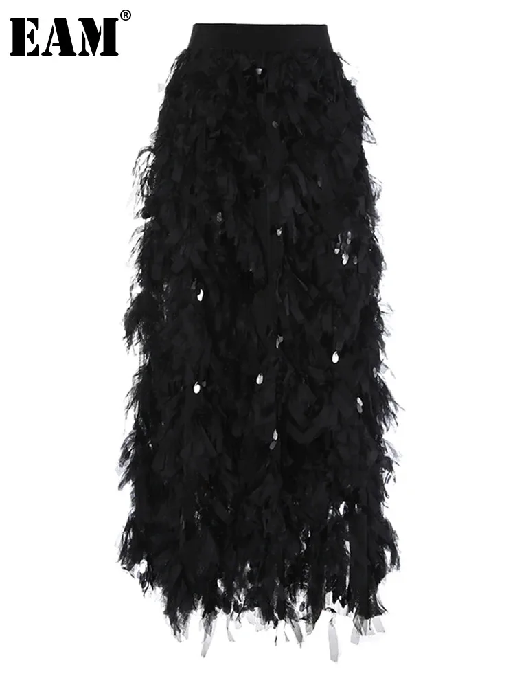 

[EAM] High Elastic Waist Black Mesh Nailed Tassels Cake Half-body Skirt Women Fashion Tide New Spring Autumn 2024 1DH5394