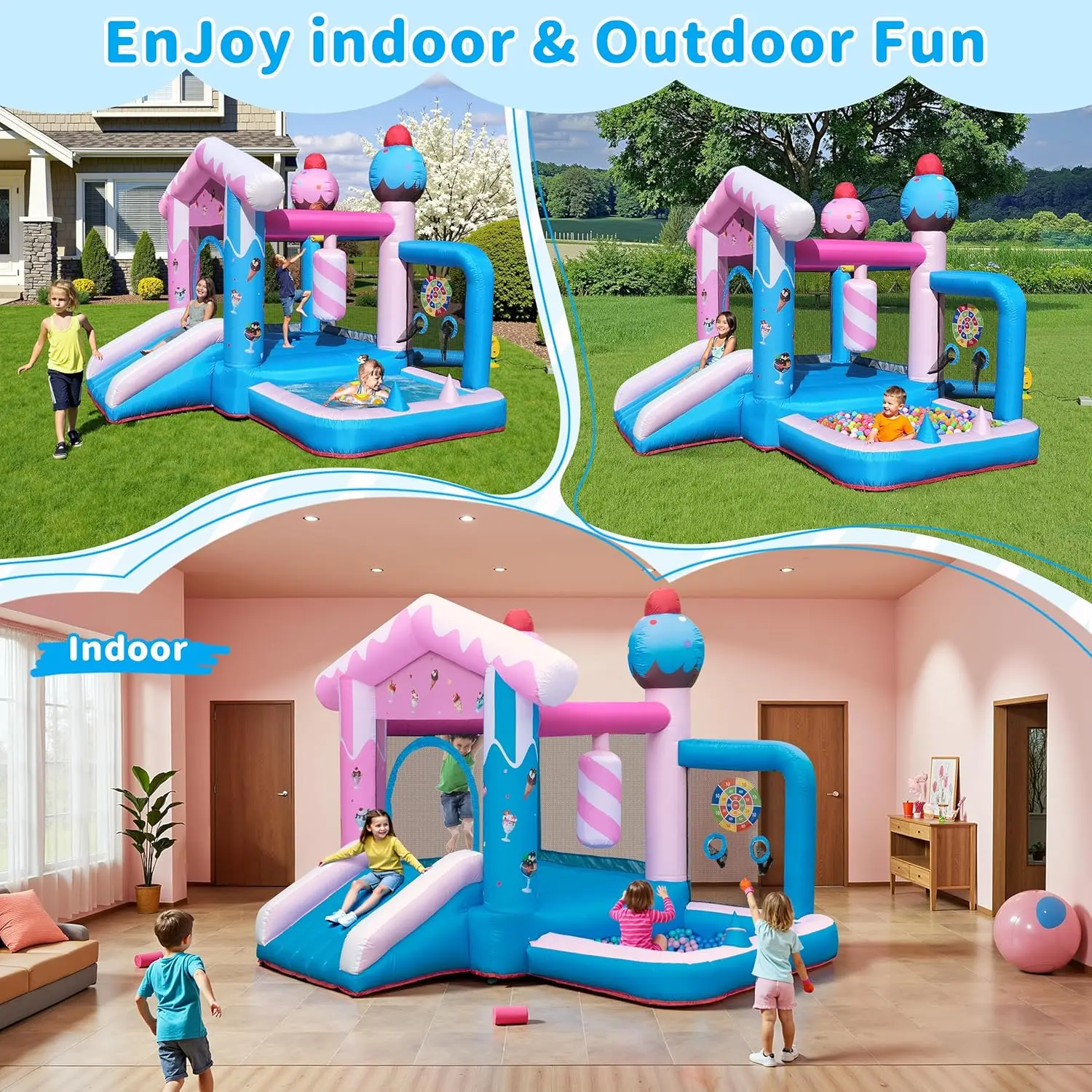 Casa de rebote inflable: casa de rebote 8 en 1 para niños de 3 a 6 años, tobogán de castillo de salto inflable para interiores y exteriores con soplador para B