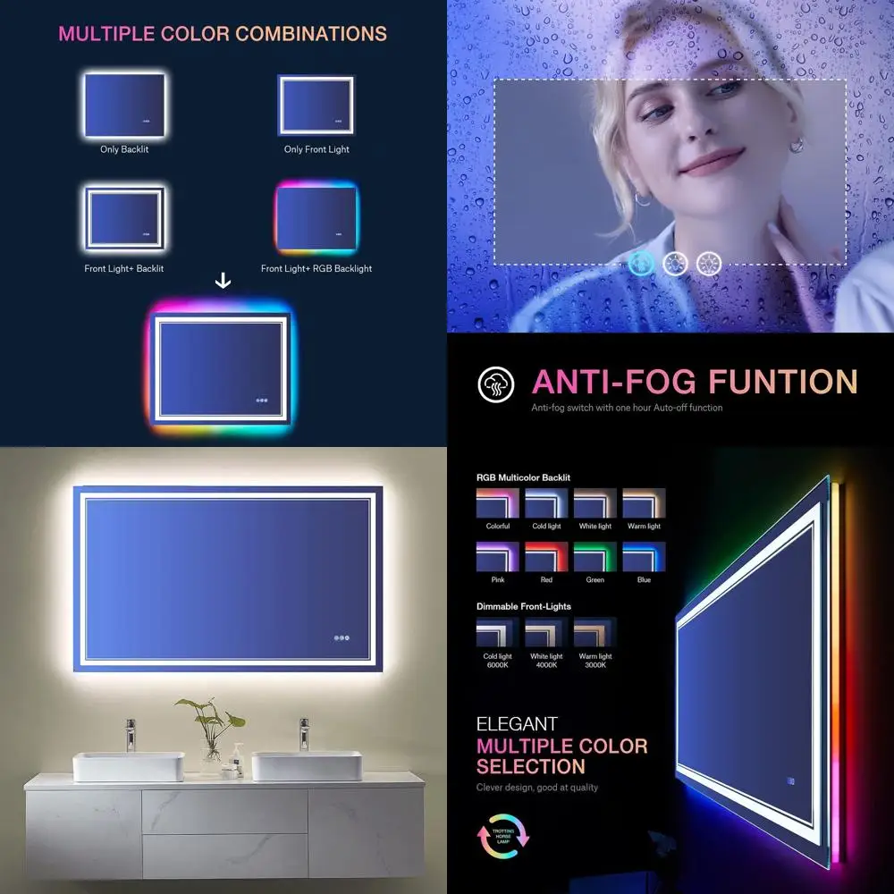 Miroir de salle de bain LED 40 x 32 pouces avec rétroéclairage RVB à couleur changeante, antibuée et miroir de courtoisie à intensité variable