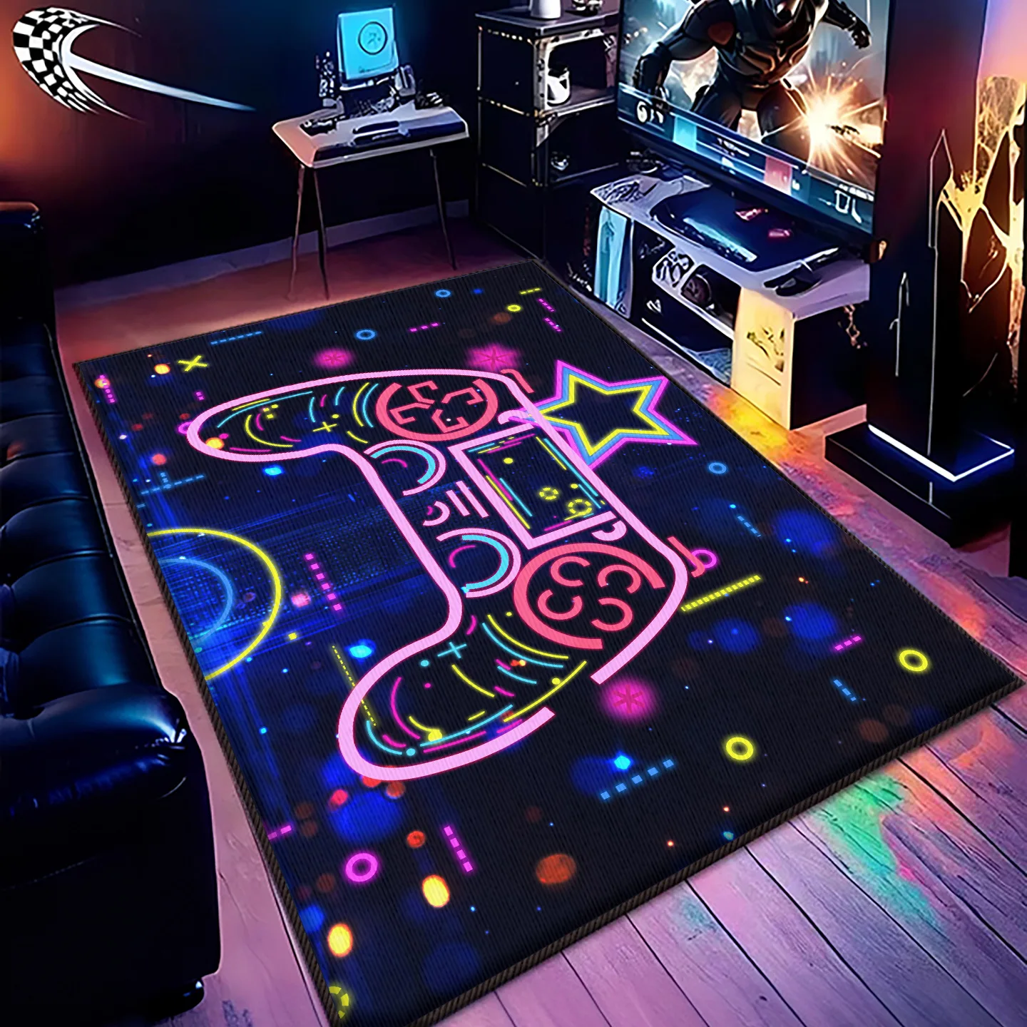 Neon Game Controller Gaming Rug Cyberpunk Non Slip Stain Resistant Floor Mat for Men Computer Room Gamer Bedroom Decor
