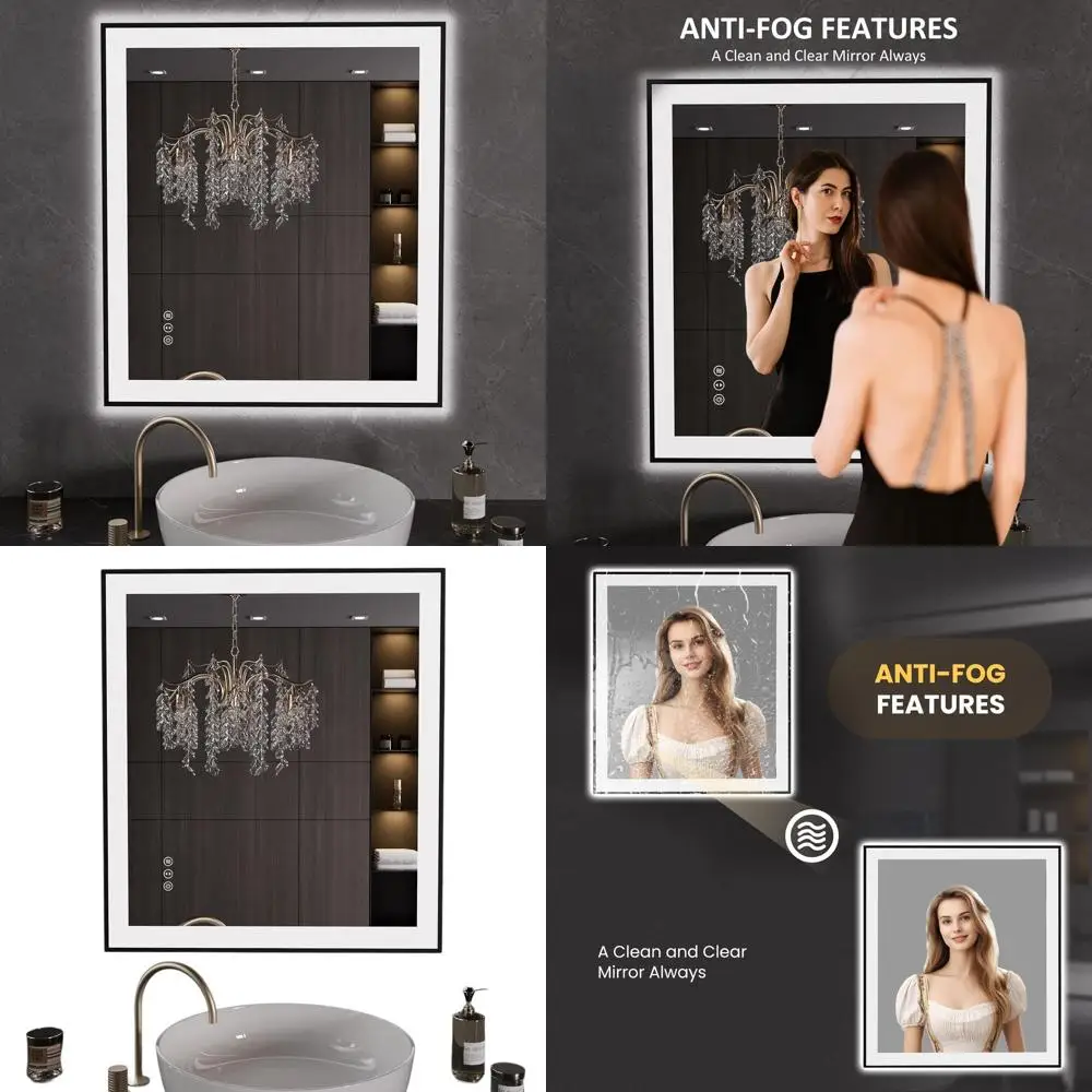 مرآة حمام LED مضادة للضباب مع إطار أسود، وإضاءة عكس الضوء، وزجاج مقسى، ووظيفة الذاكرة #1