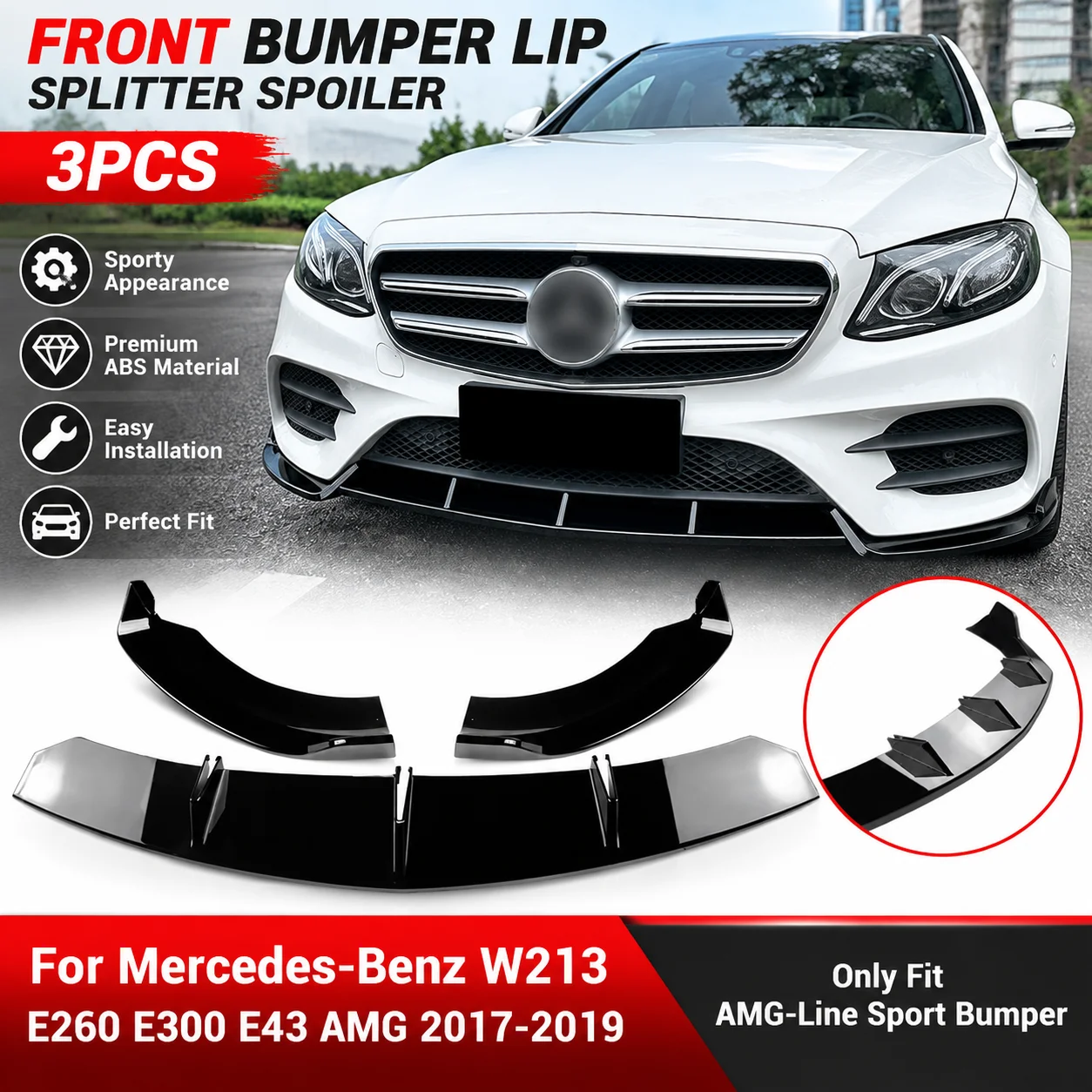 3-teiliger Frontstoßstangen-Lippensplitter für Mercedes‑Benz W213 E260 E300 E43 AMG 2017‑2019, passend nur für AMG‑Line Sportstoßstange, glänzend schwarzer Look, ABS-Frontspoiler, Kinn-Bodykit