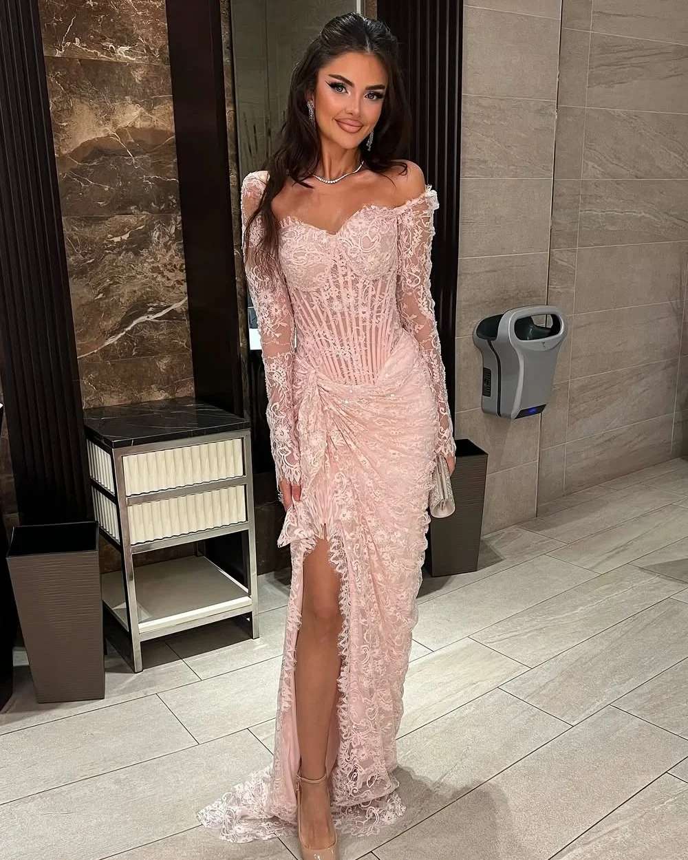 

Customized Modern Style Fashion Lace Pleat Ruched Column Off-the-shoulder Long Dresses Bespoke Occasion Dresses Sizes Available