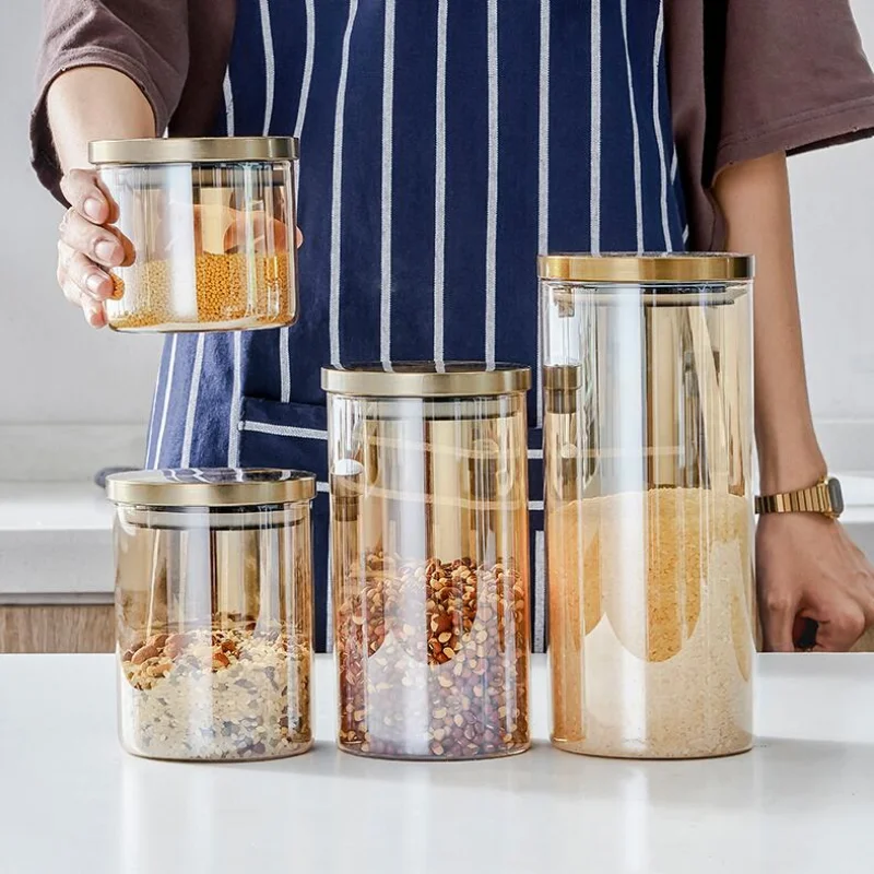 Glass Sealed Jar Amber Food Storage Alloy Sealing Cover Coarse Grain Transparent Home Kitchen Tea Tin