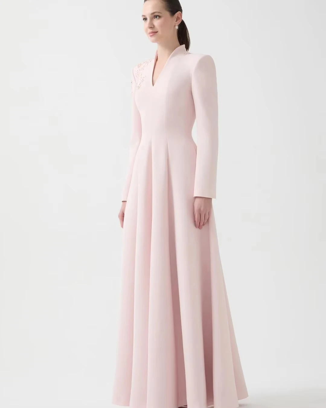 Ranmo Customized Long Sleeve V-Neck Structured Embellished Beaded Appliques Light Pink A Line Floor Length Formal Evening Dress