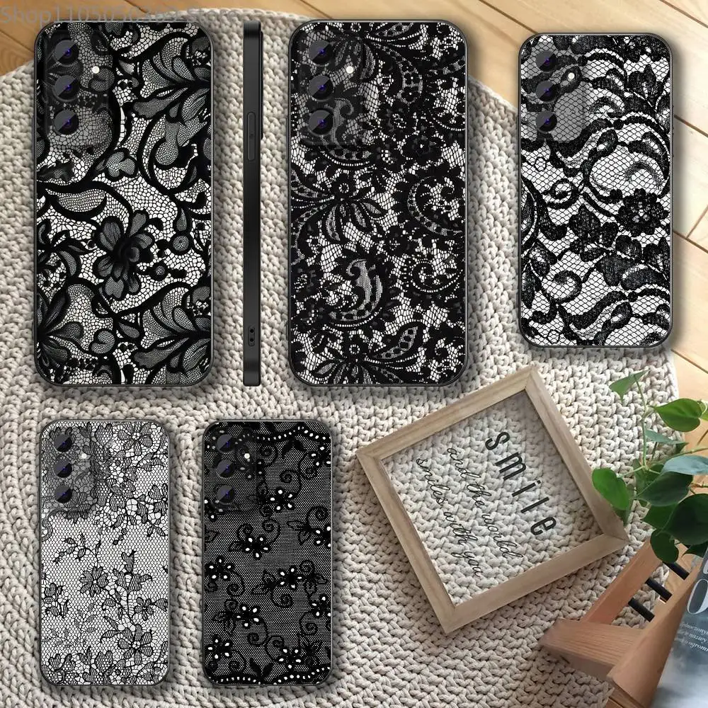 

Lace Print Pattern Phone Case For Samsung S 25,24,23,22,30,21,10,9,Ultra,Plus,Lite,FE,4,5 G Soft Black Case
