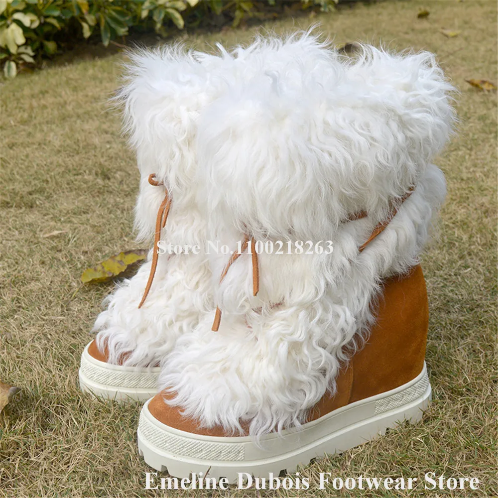 Brown Suede Wedge Short Boots Emeline Dubois Women Winter Warm White Wool Fur High Platform Wedge Snow Ankle Booties