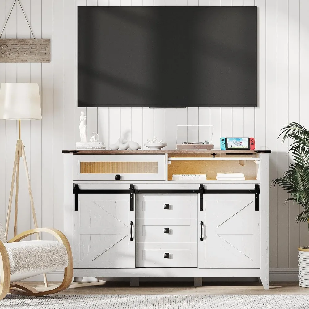 Mid Century Modern 55 Inch TV Stand with LED Lights and Charging Station Entertainment Center Console Table