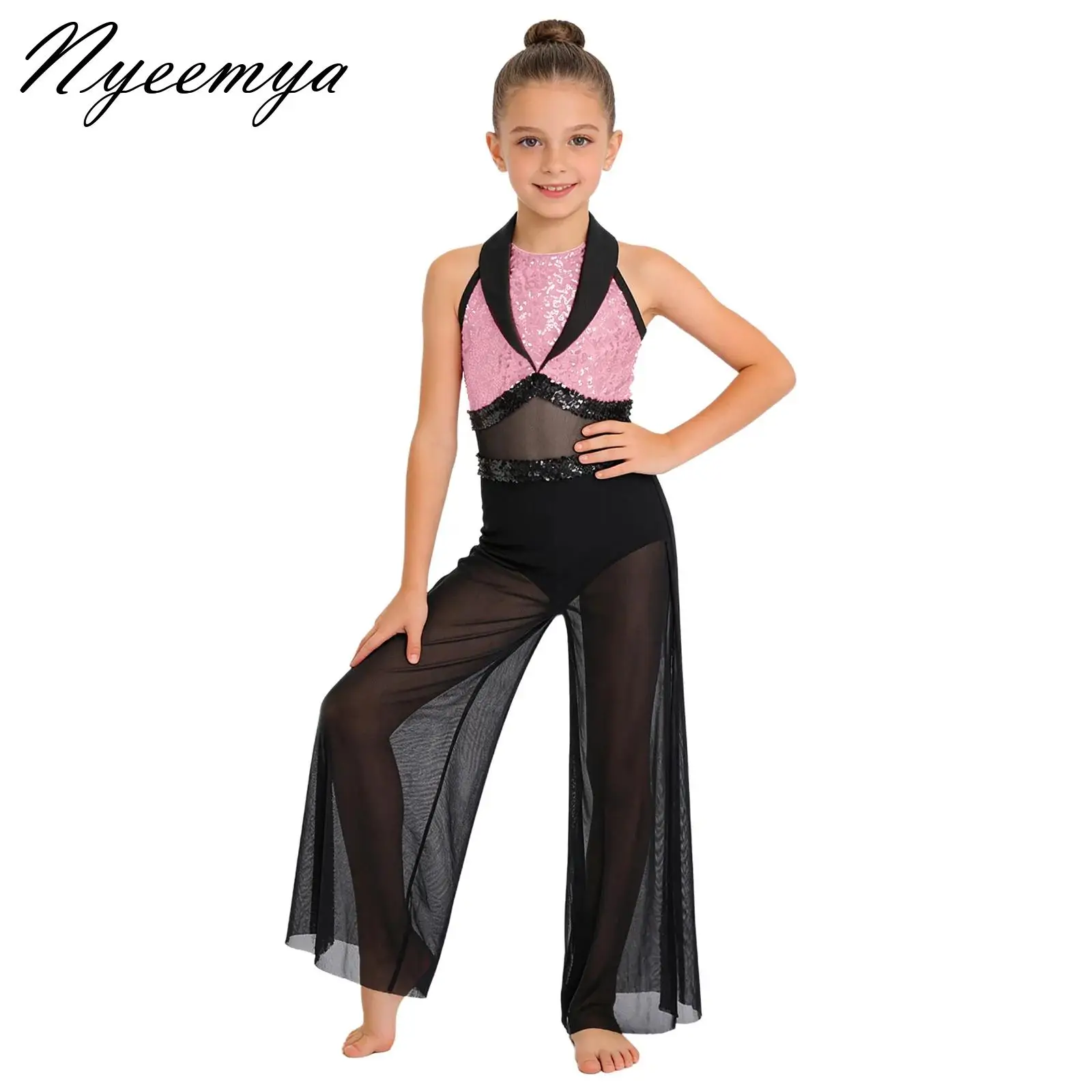 

Kids Girls Lyrical Dance Jumpsuit Sleeveless Sequins Built-in Briefs Split Wide-Leg Bodysuit Competition Performance Unitards