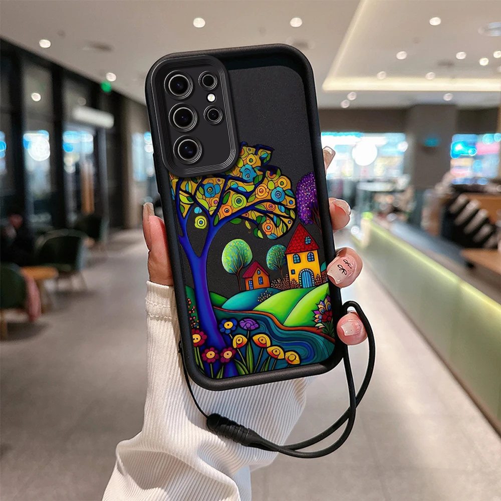 Hand Painted Forest House Illustration Phone Case for Samsung S24 S23 S22 S21 S20 Plus Soft Silicone TPU Cover with Hand Strap