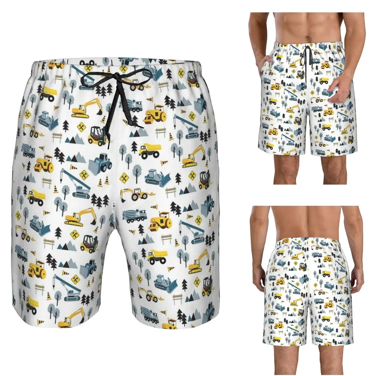 Blue Construction Trucks And Site Theme Pattern Trunks Beach Board Shorts Casual Quick Dry Swim Summer Men Pants
