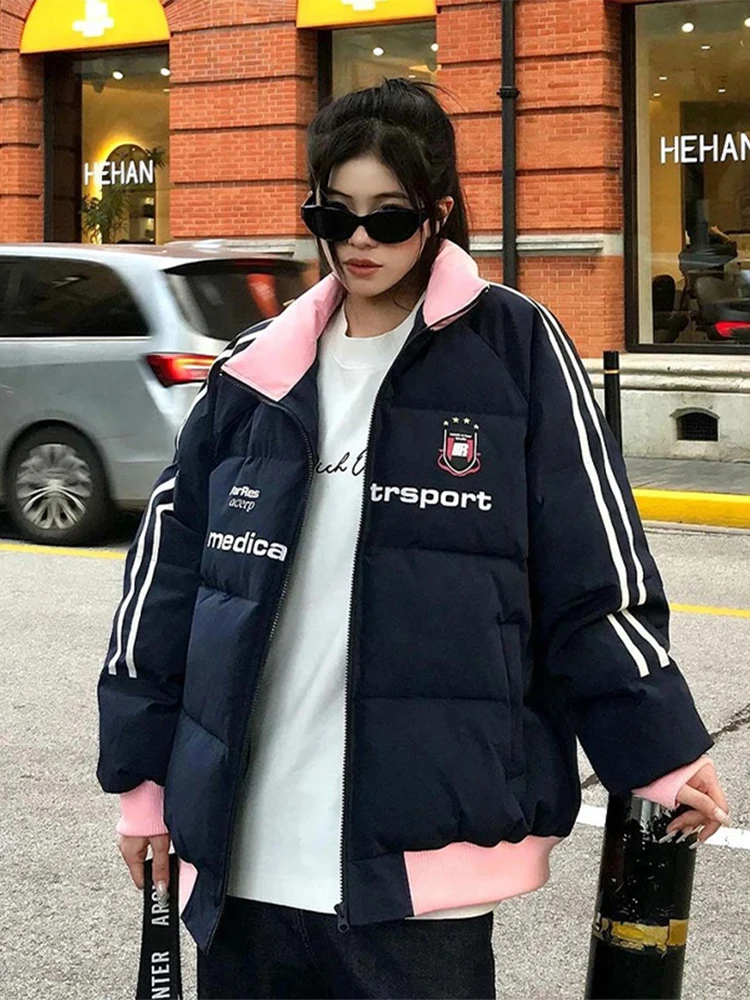 

Oversize American Sle Men's Cotton Jaet Color And Striped Collar Winter Warm Outerwear Stand Fit Long Sve Zipper