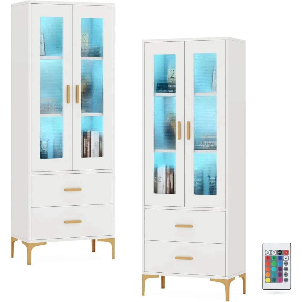 Bookcase with Doors and LED Light , White Bookshelf with 2 Drawers, Freestanding Tall Storage Cabinet for Living Room