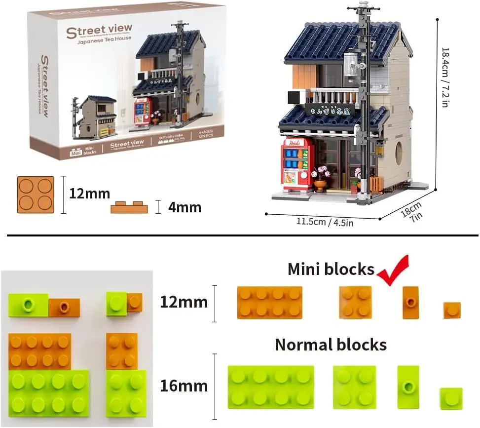 Party Favors  Japanese Tea House Mini Building Set with LED - Japanese Street View Simulation Architecture Construction ,Mini Brick 1219pcs，Incompatible with LEGO view 3