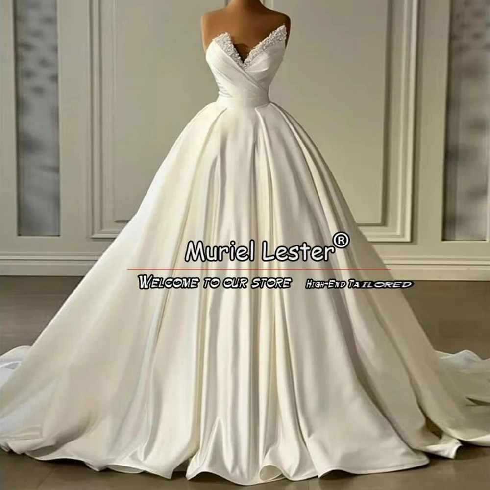 Luxury White Wedding Dress Charmeuse Sleeveless With Beadings V Neck Pleated A Line Bridal Gowns  Custom Made Vestidos De Novias