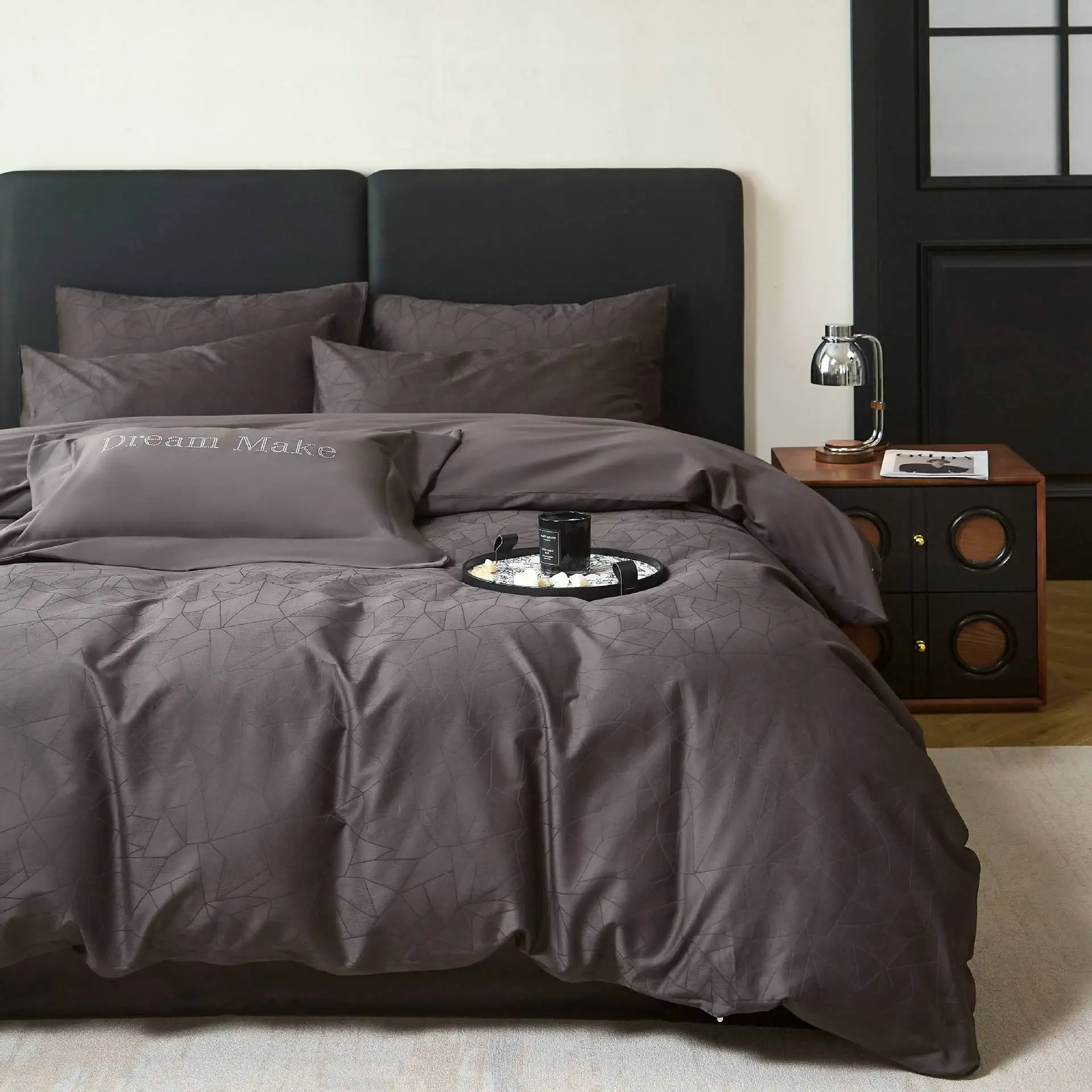 Dark Grey Geometric Textured Bedding Set Soft Breathable Cotton Blend Duvet Cover Pillowcases Queen King Size for Bedroom Adult