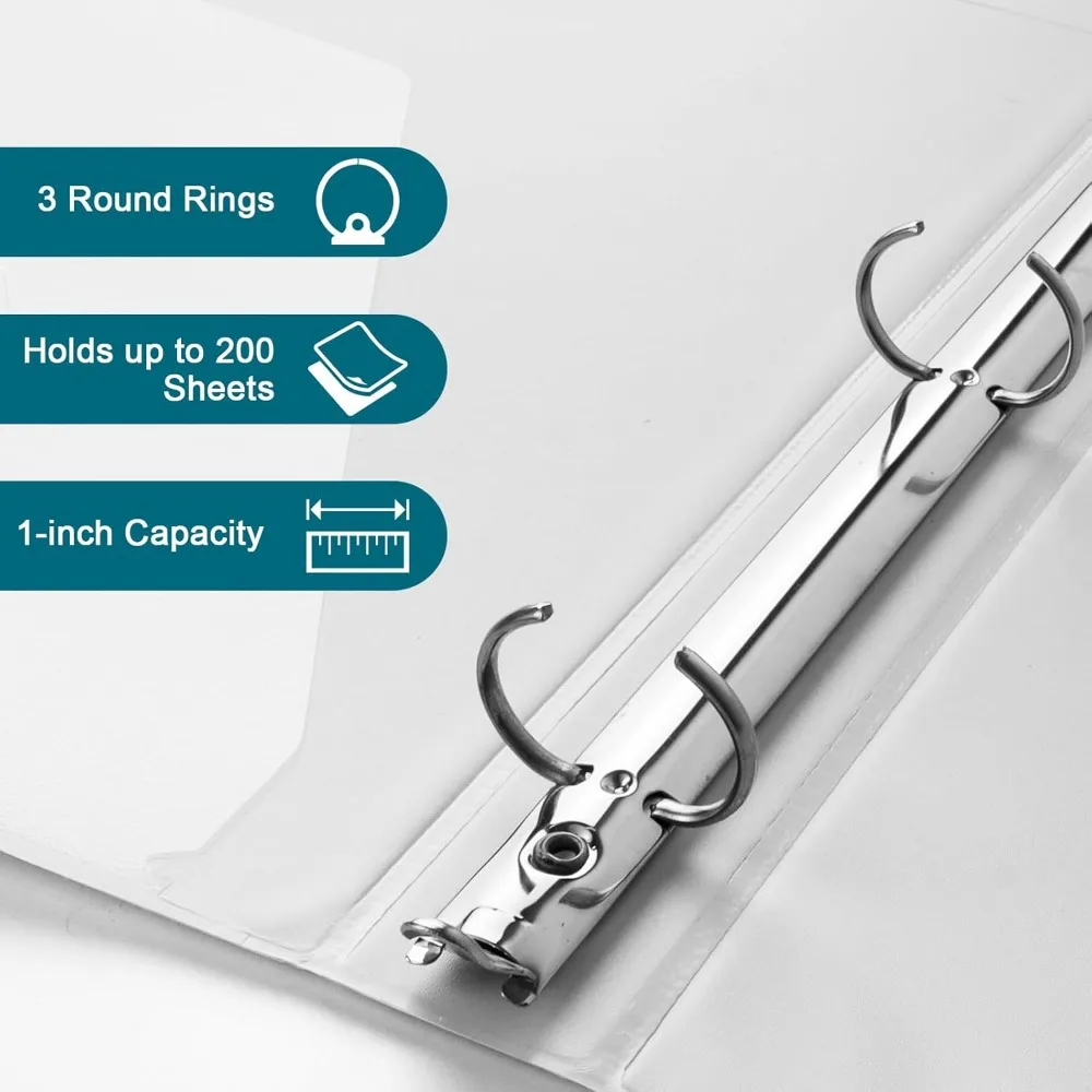 Economy 3-Ring Binders 1 Inch Round Rings 200 Sheet Capacity ClearVue Presentation View Non-Stick White Bulk Pack of 24