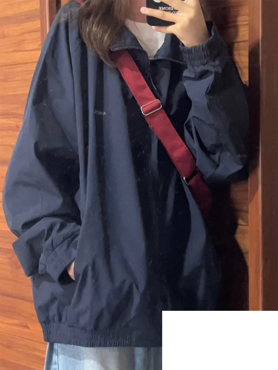 Retro Japanese Style Women's Light Blue Workwear Jacket Early Autumn Thin High Street Flight down Jacket Baseball Uniform
