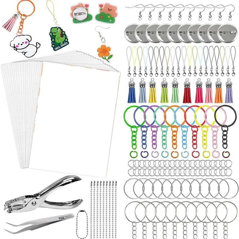 

Premium-DIY Keychain Kit 242PCS Shrink Dink Sheets, Ear Hooks, Brooches, Colorful Key Rings& Jump Rings, Hole Punch, Tweezers