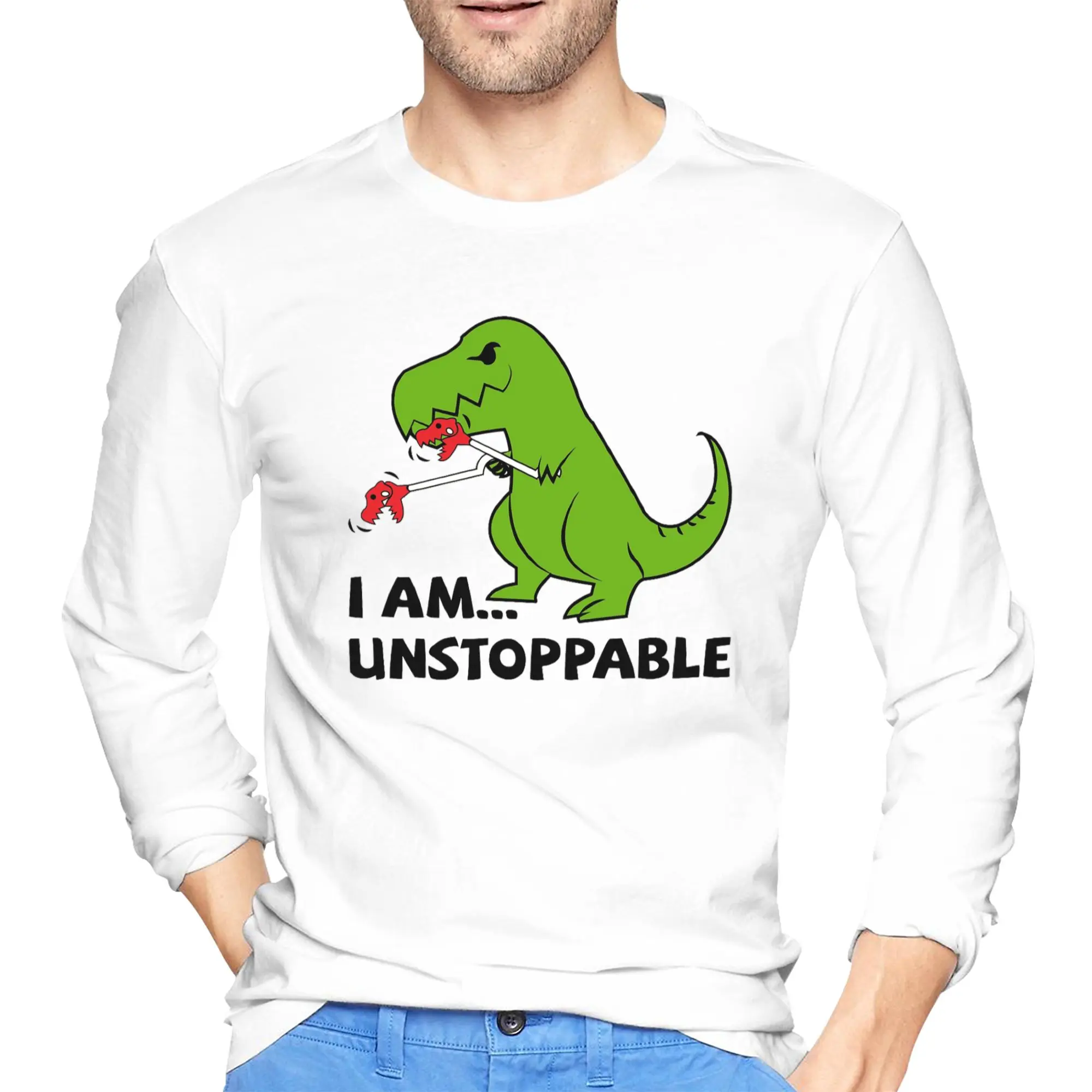 

Мужская футболка с длинными рукавами I am unstoppable T-rex, повседневные футболки с круглым вырезом, весенние и осенние мужские топы