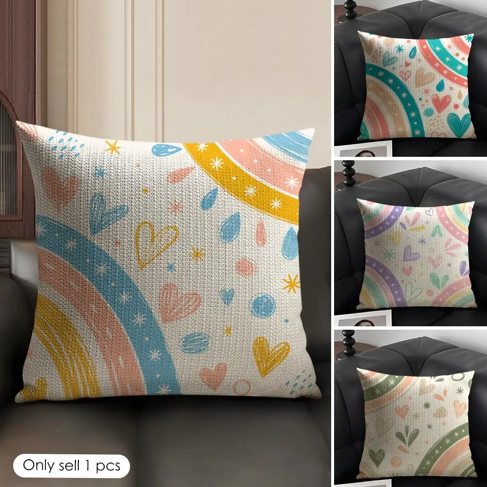 Love Rainbow Cushion Cover Linen Organic Fabric Double-Sided Printing Sofa Breathable Home Decor Gift Pillow Case