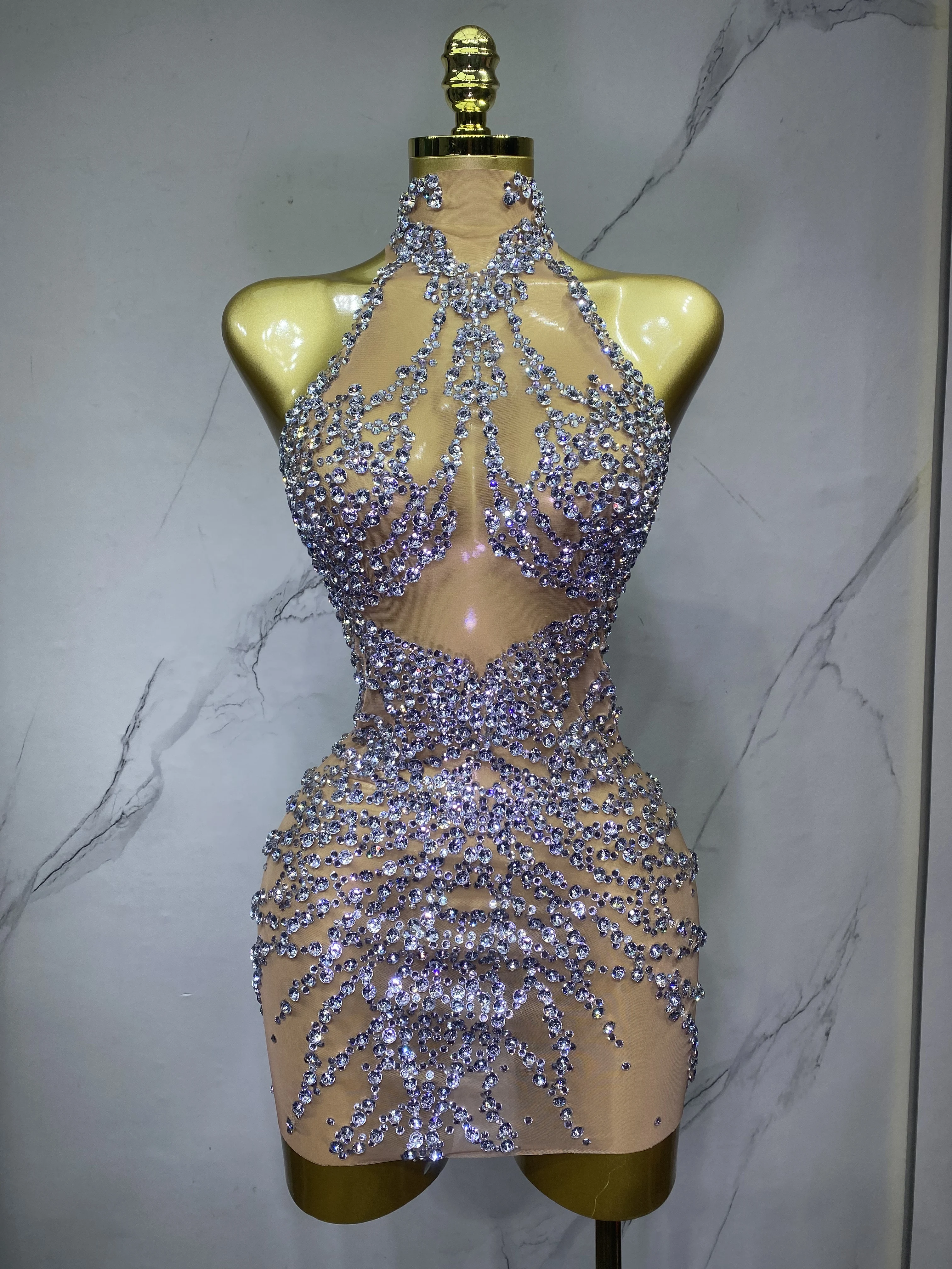 

Sparkly Rhinestones Sexy Mesh See Through Dress Party Evening Prom Celebrate Birthday Dress Singer Dancer Show Stage Wear