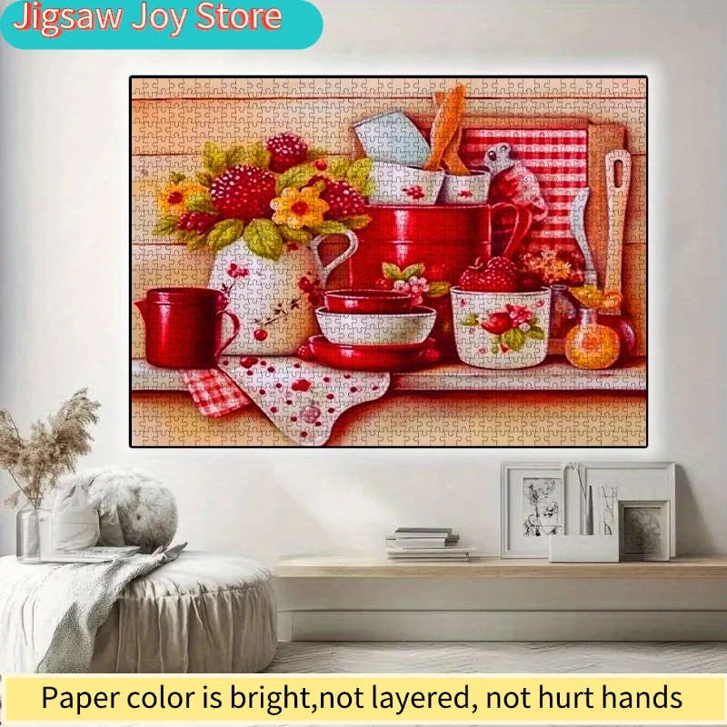 

1000pcs DIY paper puzzle featuring vibrant kitchenware and fruit floral themes, including red pitchers, dishes adorned with st