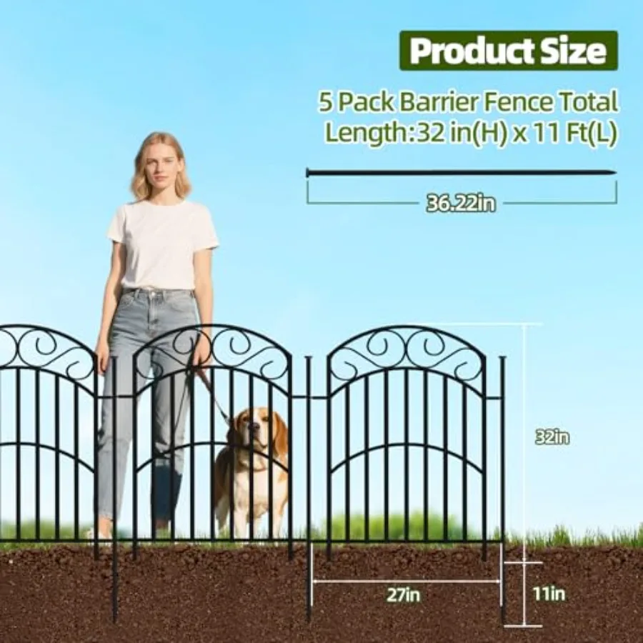5 Panels 32in H Decorative Garden Fence Total 11ft L Heavy Duty Iron Metal No Dig Animal Barrier Fence Garden Border Fencing Te