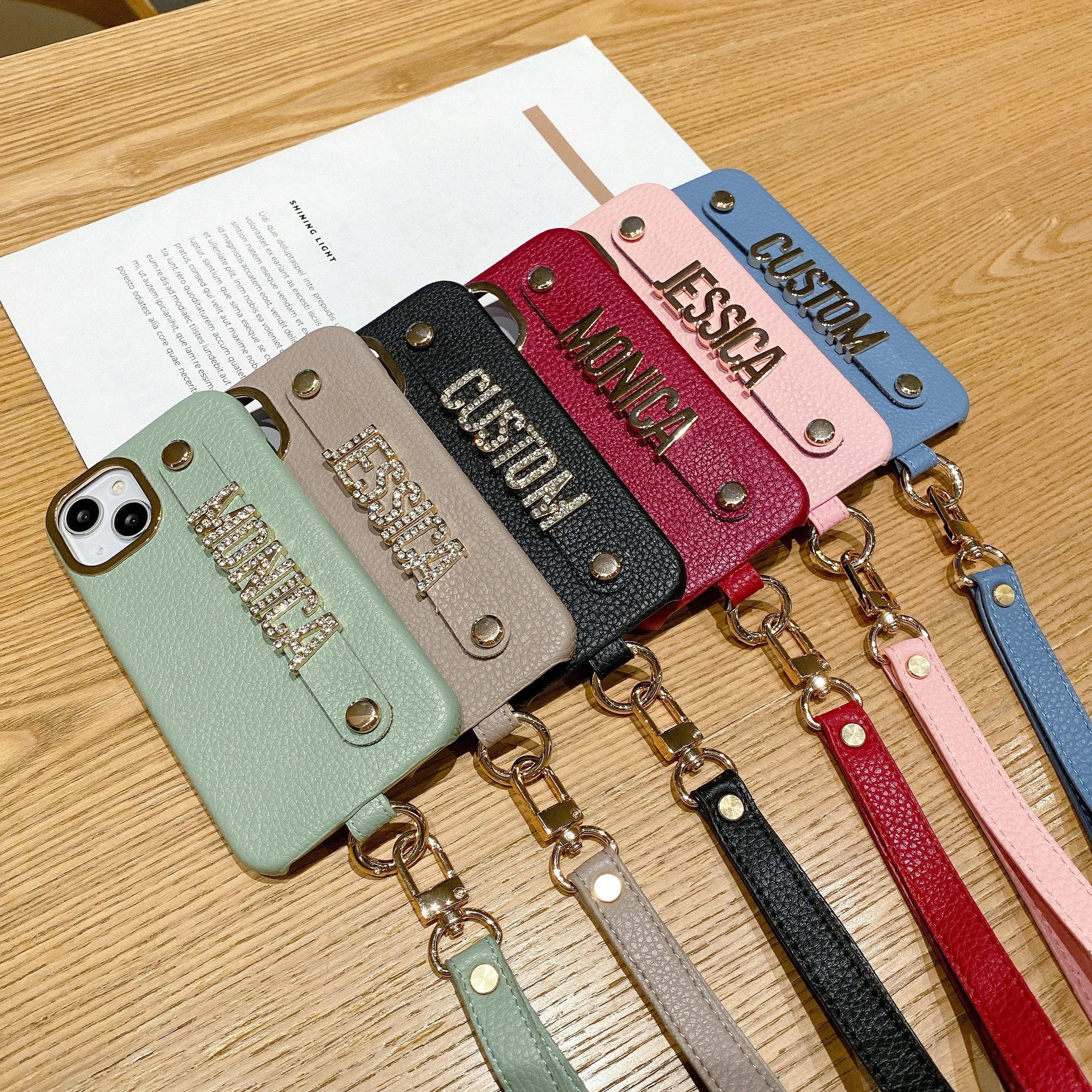 Personalized Leather Phone Case Name Letter Diamond Metal Letter Cover with Lanyard iPhone17 16 12 13 14 15ProMax 16 15 14Plus
