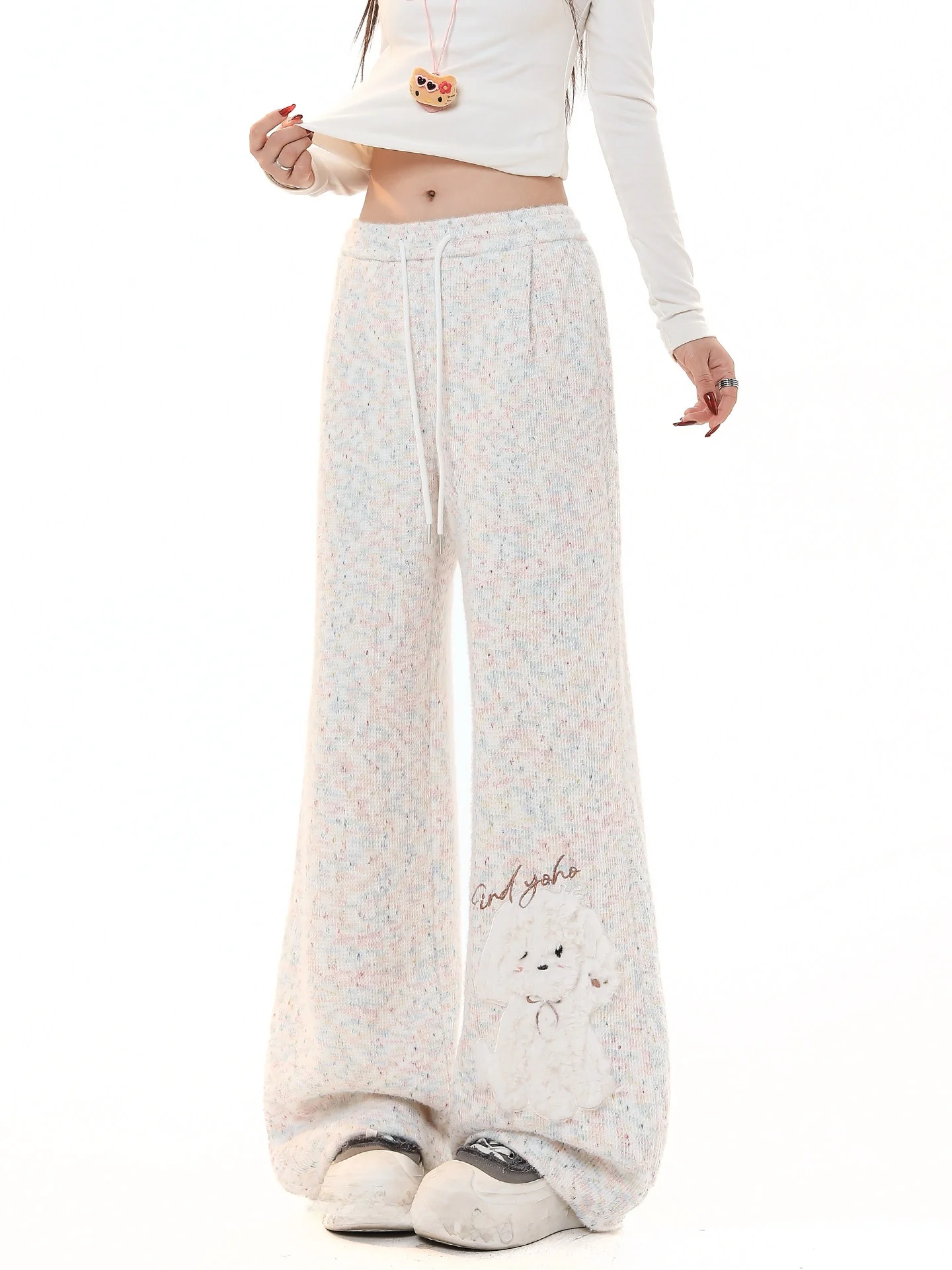 

Cartoon Embroidered High Waist Wide Leg Pants Women's Spring Autumn New Loose Fce Lined Warm Casual Sweatpants