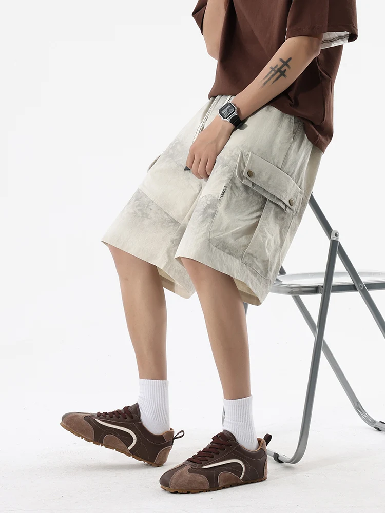 Short de travail multi-poches pour hommes, grande taille, soie glacée, séchage rapide, taille élastique, cordon de serrage, design tendance, cinq pantalons, nouvelle collection été