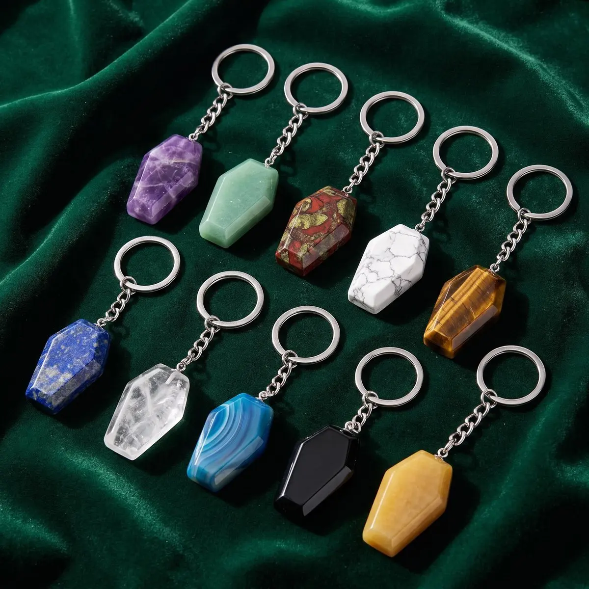 Gothic Coffin Crystal Keychain Raw Stone Healing Pendant Unique Witchy Gemstone Key Ring Halloween Gift Car Bag Charm