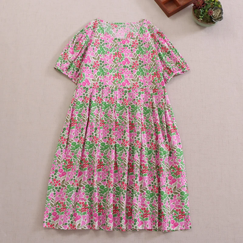 

Japanese Sweet Mori Girl Fresh Flowers Printed 100% Cotton Dress Women Harajuku Summer O-Neck Short Sleeve Beach Vacation Dress