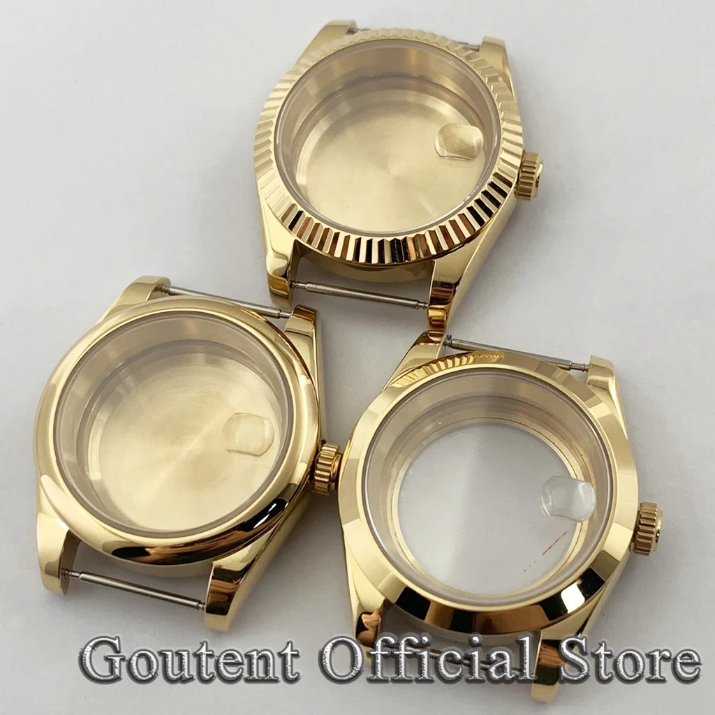 Goutent męski złoty szafirowy szklany futerał na zegarek 36mm 39mm Fit PT5000 NH34 NH35 NH36 ETA 2824 ST2130 ruch