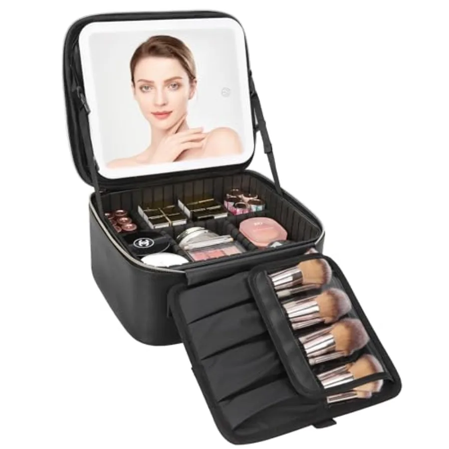 

Travel Makeup Bag With LED Mirror Cosmetic Train Case with Light up Mirror Portable Makeup Artist Organizer Bag with Adjustable