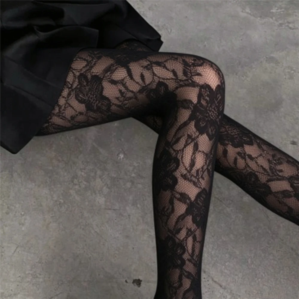 Lolita Sweet Girls Punk Style Floral Tights Colorful Thigh High Stockings Lingerie Women Sexy Hollow Out Mesh Fishnet Pantyhose
