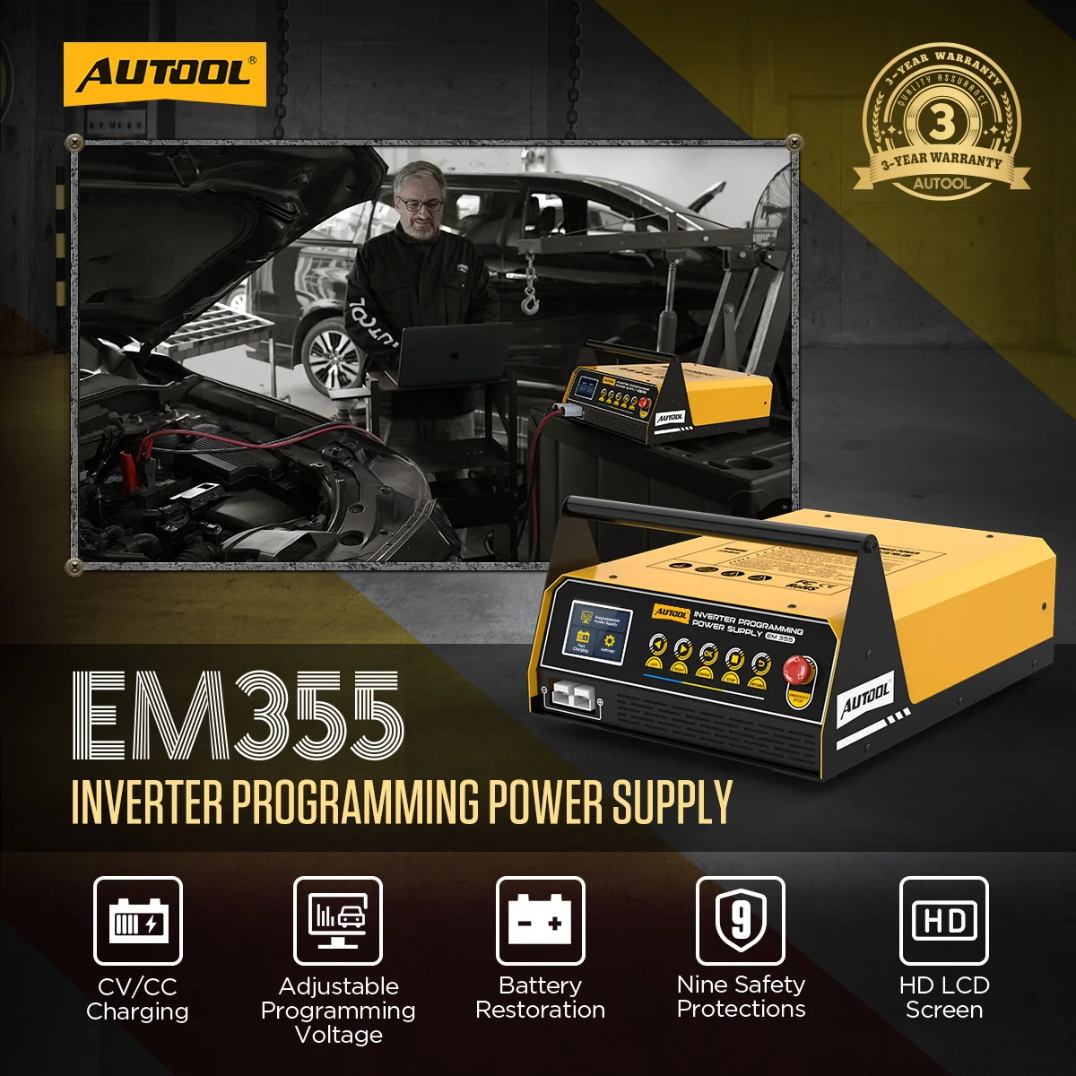 AUTOOL EM355 Car Programming Power Supply Car Fast Charging Inverter Programming Tool 220V/110V Charger Regulator Vehicle Tool