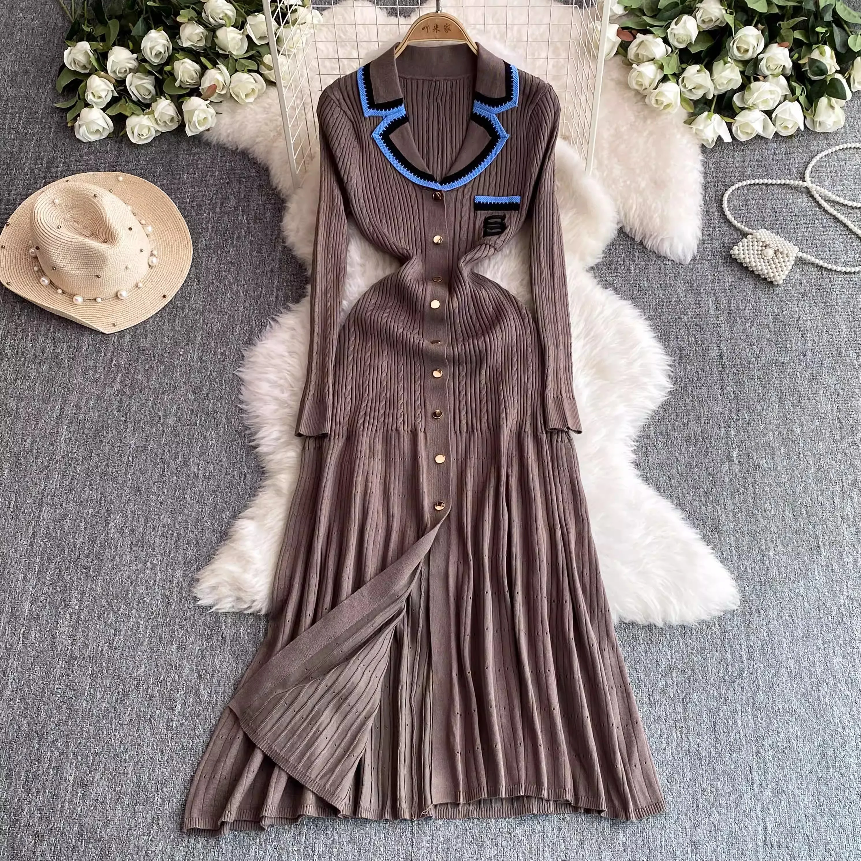 YuooMuoo-Vestido de manga larga de punto para mujer, maxivestido de marca a la moda con muescas, elegante, para oficina, Otoño e Invierno