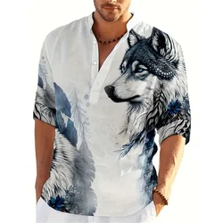 Camisas Henley con estampado 3D de lobo Animal, ropa de calle a la moda para hombre, camisa de manga larga con cuello levantado de gran tamaño, Tops, blusa, ropa para hombre