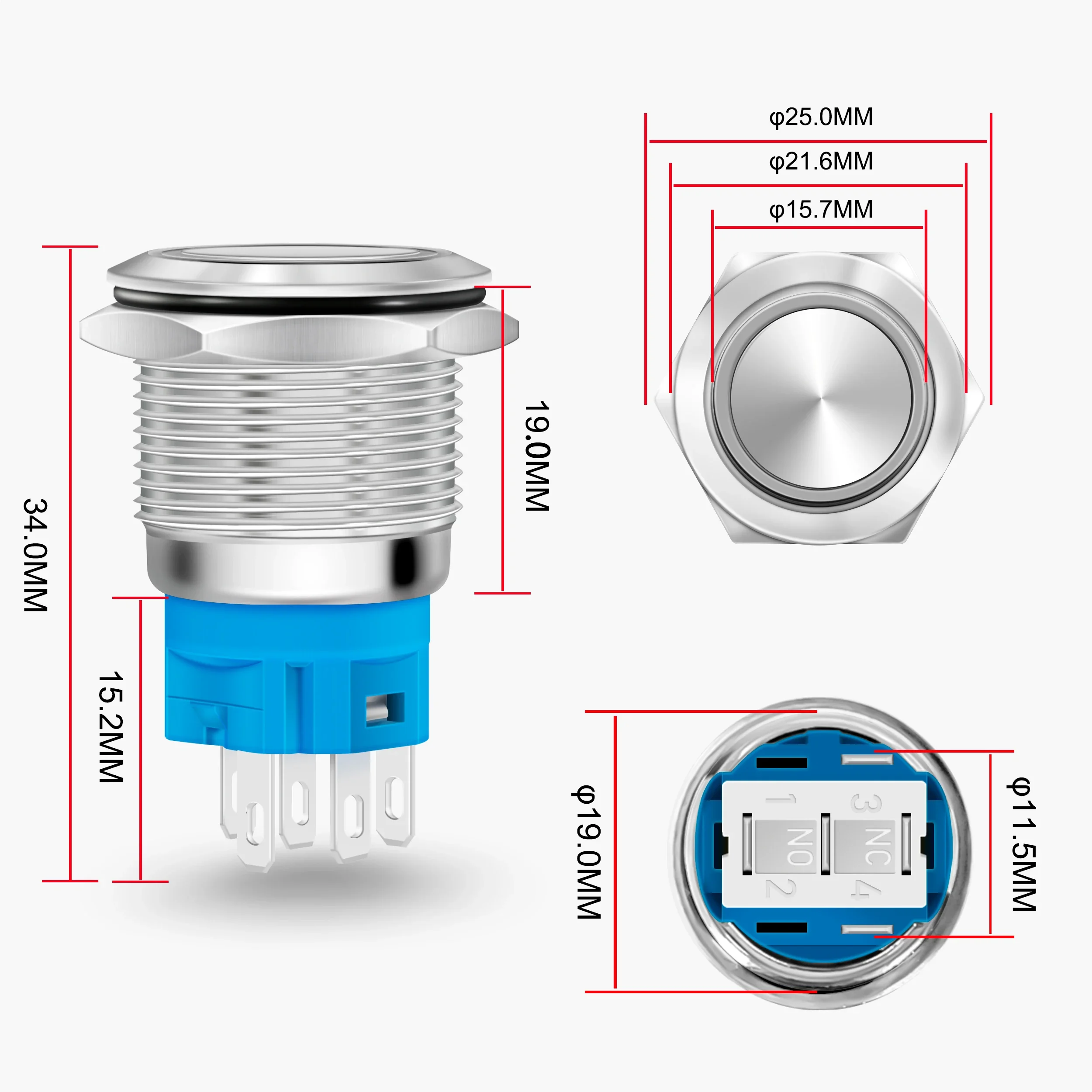 19mm Copper Shell Push Button Switch Waterproof Metal Button Switch LED Light Momentary Latching Car Engine Power Switch