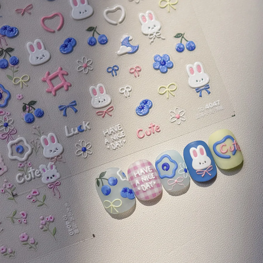 สติกเกอร์ติดเล็บลายกระต่าย 5D น่ารัก สไตล์ญี่ปุ่น การ์ตูนญี่ปุ่น สีชมพู สีฟ้า ลายดอกไม้  ตกแต่งเล็บแบบติดเอง DIY