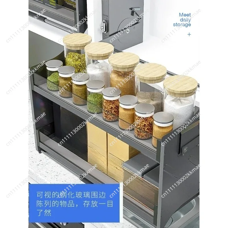 Wall Cupboard with Damping Lifting Basket Kitchen Cabinet Top Cabinet Drop-down Storage Rack Seasoning Aluminum Alloy Lower