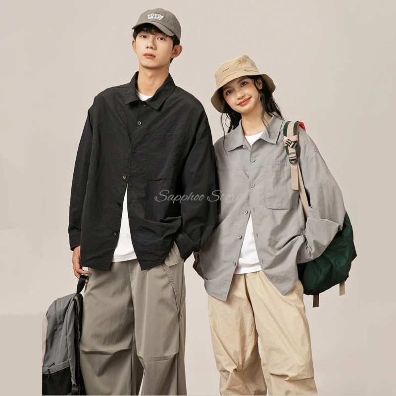 

2026 новые японские женские и мужские рубашки в стиле ретро, весенне-осенние уличные быстросохнущие свободные повседневные топы большого размера с длинными рукавами S/M/L/XL/2XL